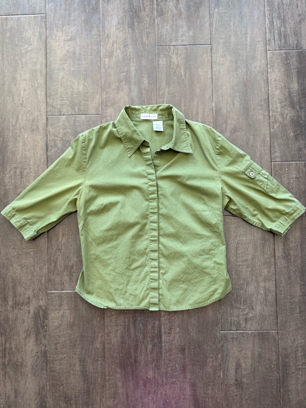 Paradox 100% Cotton Green Collard Button-Up Blouse 3/4 Sleeve Size 8